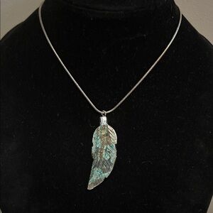 Sterling Silver and Carved Turquoise Feather Pendant Necklace